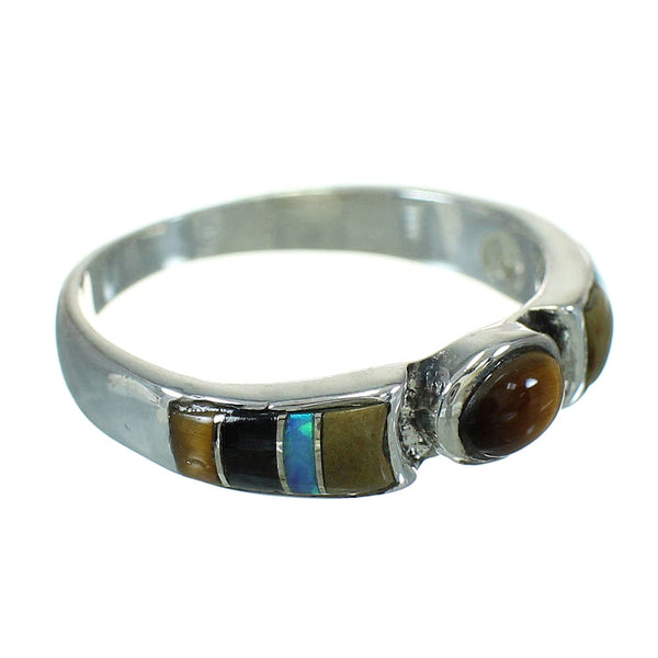 Southwest Genuine Sterling Silver Multicolor Inlay Ring Size 6-3/4 QX70722